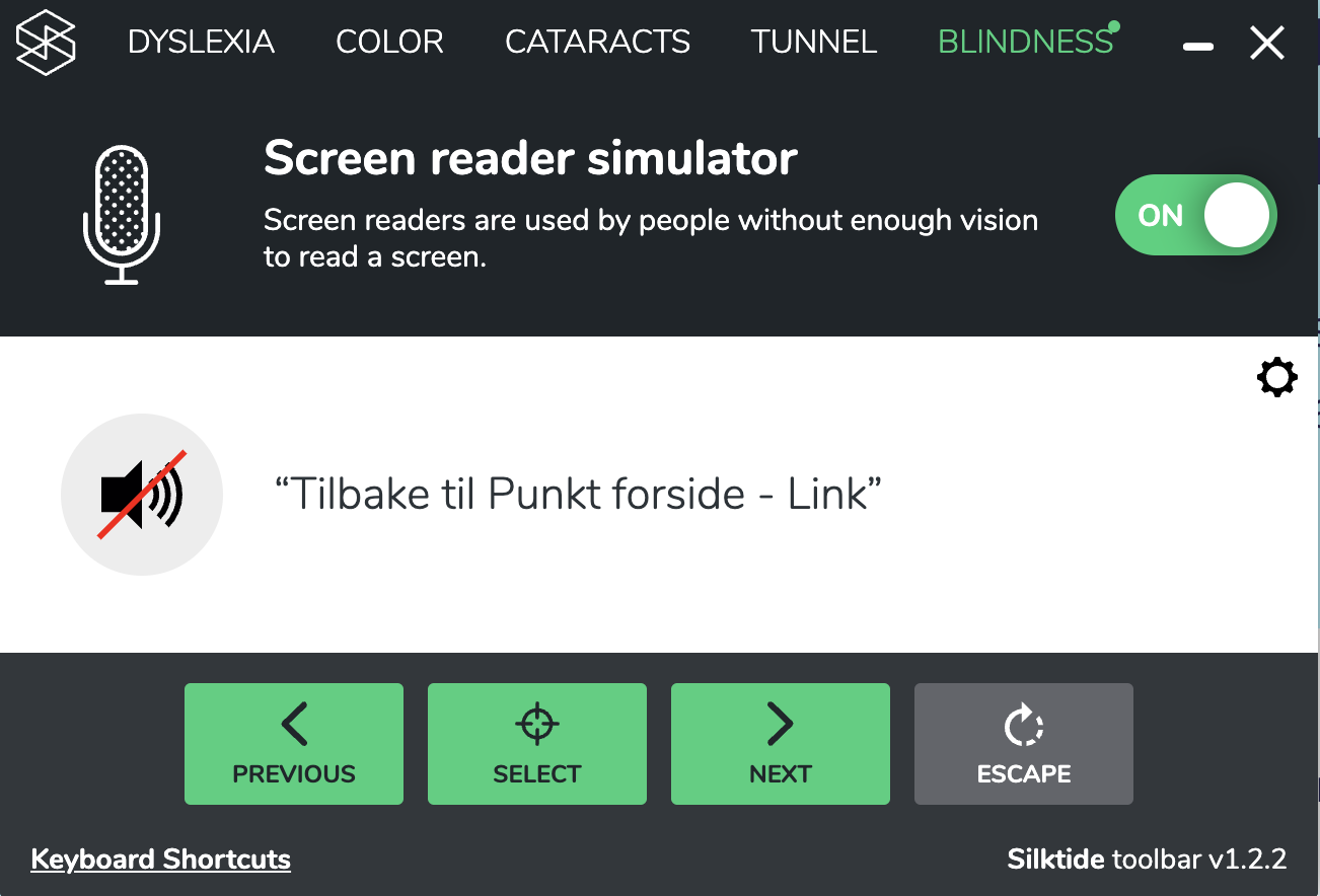 Screenshot av skjermleseren i silktide